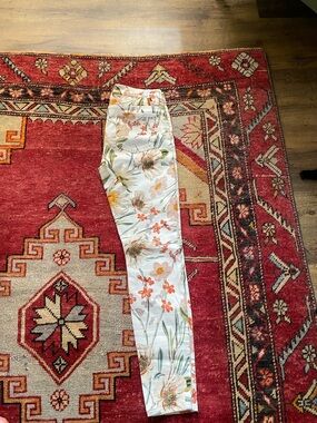 7 For All Mankind Floral Straight Leg Jeans in White with Orange and Green Print